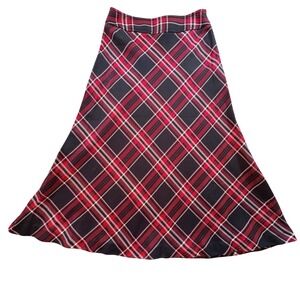 East 5th Red Black Plaid A-Line Midi Skirt Womens Size 8 Side Zip Textured Knit
